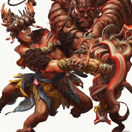 Prompt: monkey king vs. Nezha with three heads and six arms,Concept Artist,from artstation,by chi hao to