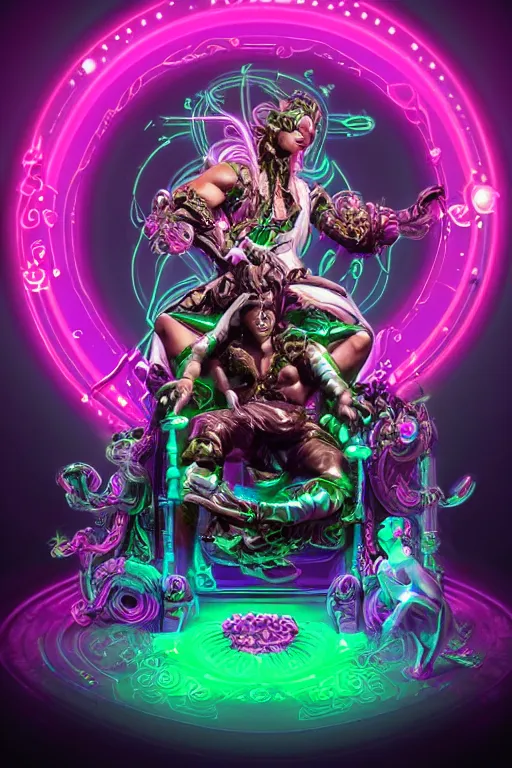 Image similar to fantasy rococo and cyberpunk style white neon statue of a muscular attractive tan male macho dotado android reclining sim roupa con piroca dura, glowing pink face, white baseball cap, green steampunk lasers, emeralds, swirling white silk fabric. futuristic elements. prismatic liquid rainbow light, full-length view. space robots. human skulls. throne made of bones, intricate artwork by caravaggio. Trending on artstation, octane render, cinematic lighting from the right, hyper realism, octane render, 8k, depth of field, 3D