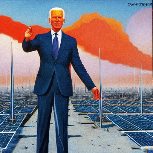 Prompt: solarpunk soviet propaganda of joe biden standing in front of solar panels by j. c. leyendecker, bosch, lisa frank, jon mcnaughton, and beksinski