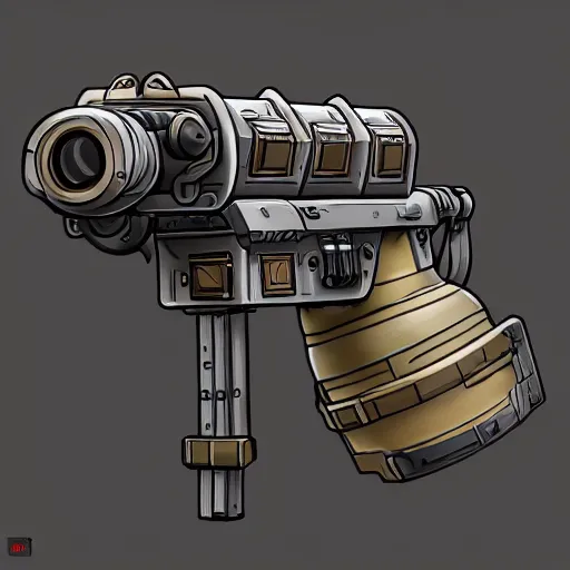 Image similar to heavy dieselpunk grenade launcher on a black background | | stylized weapon icons, digital painting, isometric, by greg rutkowsky, trending on artstation