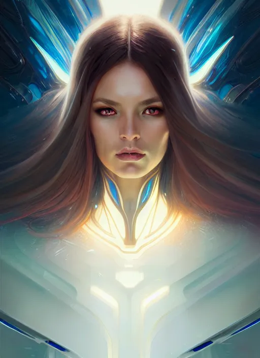 Image similar to futuristic woman portrait, sci-fi, amber eyes, face, long hair, fantasy, intricate, elegant, highly detailed, digital painting, artstation, concept art, smooth, sharp focus, illustration, art by artgerm and greg rutkowski and alphonse mucha