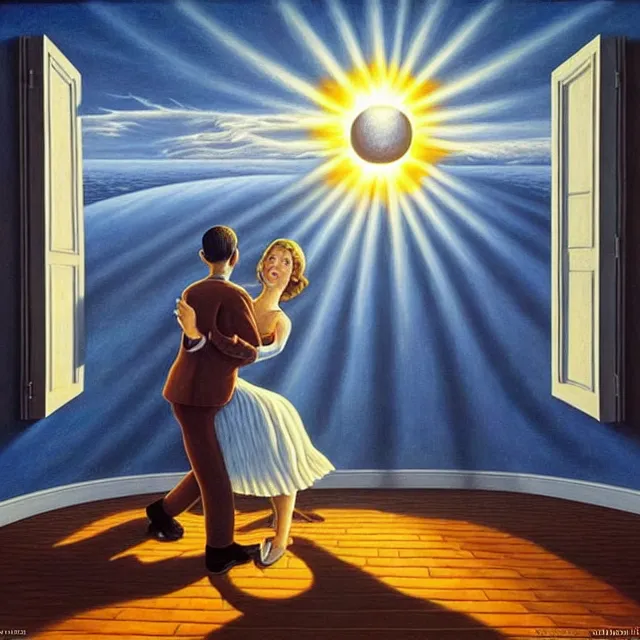 Image similar to an oil on canvas portrait of a couple dancing and the sun is shining through the window, surrealism, surrealist, lovecraftian, cosmic horror, rob gonsalves, high detail