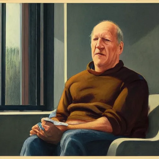 Image similar to werner herzog sits in the waiting room at the dmv, holding boltcutters. style of edward hopper, award winning, photo realistic, dynamic lighting, very detailed face, 4 k, chris ware