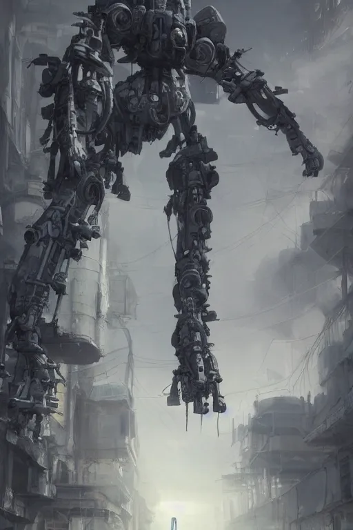 Image similar to ultra realist and ultra intricate detailed soft painting of a large mech, standing in a post-apocalyptic street, sensual gloomy style, volumetric clouds, artstation, unreal render, depth of field