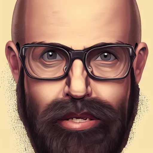 Prompt: portrait of a young, bald, bearded, and tattooed man, wearing glasses and a backwards hat, digital painting, highly detailed, trending on artstation