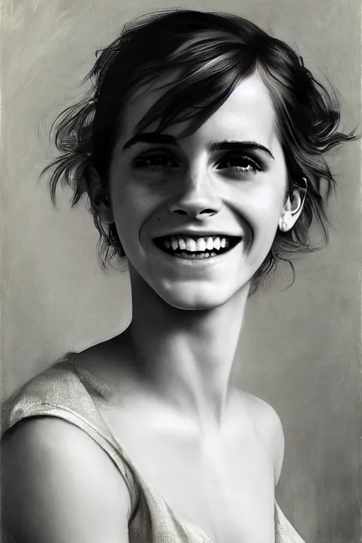 Prompt: emma watson smiling laughing gathered faille v - neck smiling detailed portrait painting by gaston bussiere craig mullins j. c. leyendecker photograph by richard avedon peter lindbergh