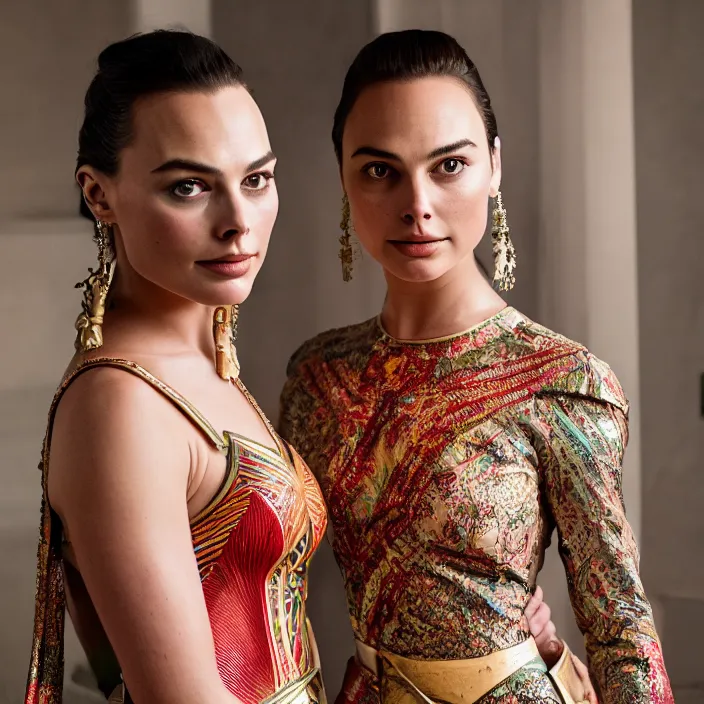 Prompt: portrait of margot robbie and gal gadot wearing southeast asian traditional dress, by charlotte grimm, natural light, detailed face, canon eos c 3 0 0, ƒ 1. 8, 3 5 mm, 8 k, medium - format print