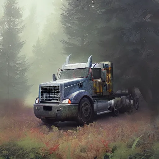 Image similar to a truck in the woods, digital art by ruan jia and mandy jurgens and artgerm, highly detailed, trending on artstation, award winning