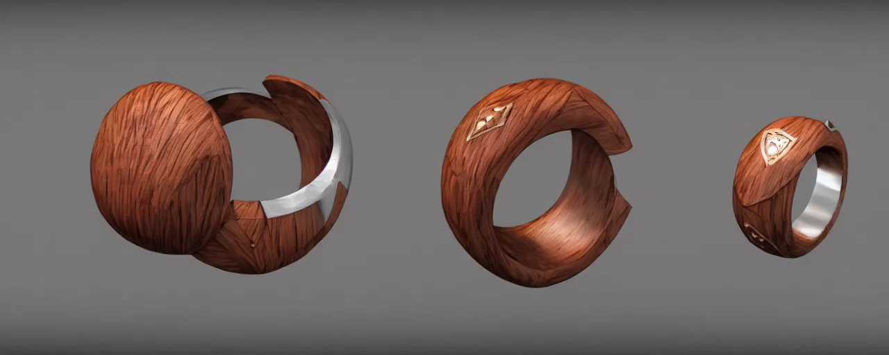 Image similar to simple wooden ring with a shield ornament, ring, wood, steel, tungsten, smooth shank, engravings, product design, jewelry, art by gerald brom, greg rutkowski and artgerm and james jean and zdzisław beksinski, 8 k, unreal engine, c 4 d