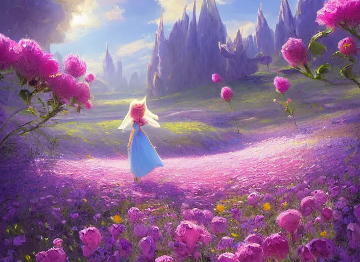 Prompt: a alone princess walks through a vast flower field in the cosmic sky by vladimir volegov and alexander averin and peder mørk mønsted and ross tran and raphael lacoste