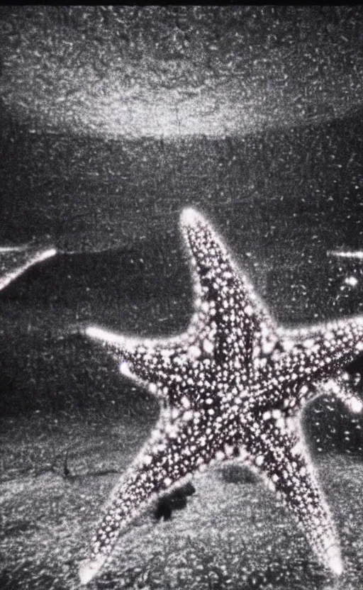 Image similar to light coming out of one starfish - like kaiju anthropomorphic monster, korean film noir by kim jong - il, korean traditional palace, pyongyang city, 1 9 6 0 s, red color bleed, 4 k, video compression, video glitch, monochrome, akira kurosawa, mamoru oshii, wes anderson, stanley kubrick