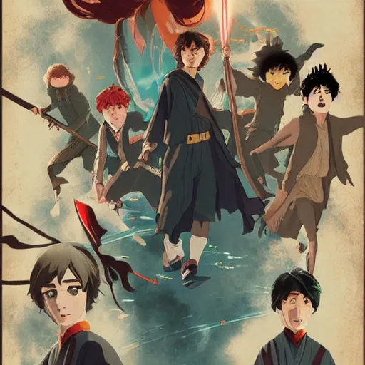 Prompt: poster for a film fantasy japanese animation called harry potter, a new hope, 8 k, hd, dustin nguyen, akihiko yoshida, greg tocchini, greg rutkowski, cliff chiang