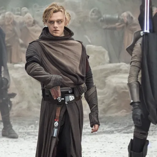 Prompt: Jamie Campbell Bower as a jedi in star wars