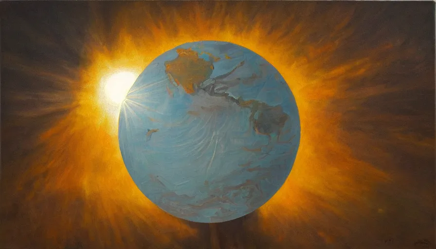 Image similar to the sun being blocked by a hexagon, earth in the foreground, oil painting