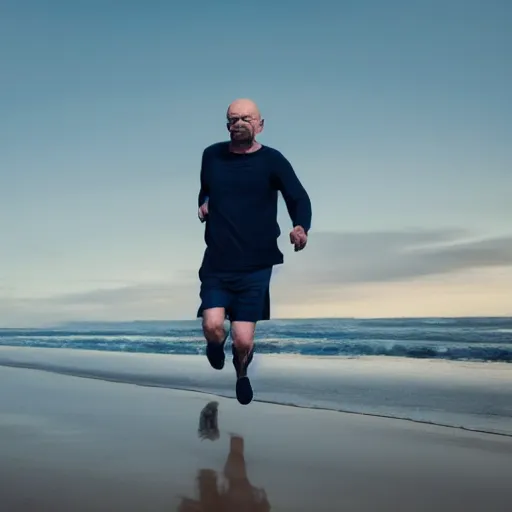 Image similar to Walter White running on the beach, artistic, 8k, cinematic, accurate, symetric, face, dramatic lighting, pastel colours