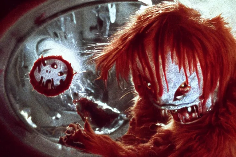 Image similar to filmic wide shot angle movie still 35mm film color photograph of a shape shifting horrific nightmarish red tabby cat organism from The Thing 1982 attacking a mutilated deceased doctor who is completely drenched in blood in the style of a horror film