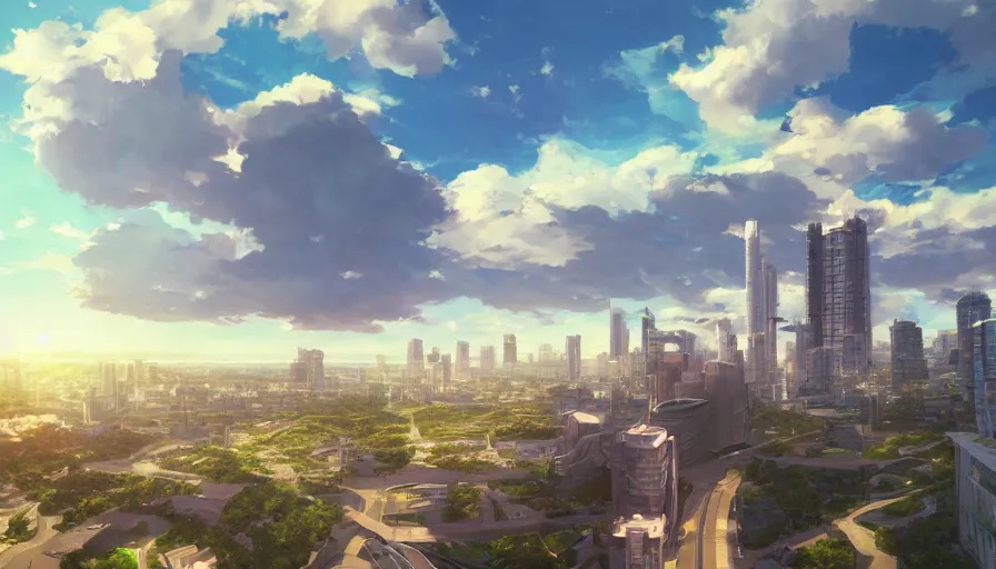 Image similar to bonifacio global city skyscape, serene evening atmosphere, soft lens, soft light, in the style of cgsociety, deviantart, artstation, zbrush, cinema 4 d, studio ghibli, akihiko yoshida, atelier lulua, masamune shirow