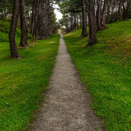 Image similar to portrait of the long path to heaven, wide shot, sharp focus