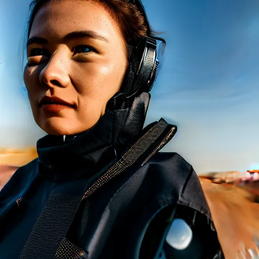 Image similar to photograph of a techwear woman, closeup, on a desert road with a futuristic city in the horizon, sigma 85mm f/1.4, 4k, depth of field, high resolution, 4k, 8k, hd, full color