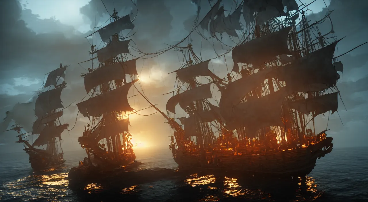 Image similar to ghost pirate ship with a pirate on the foreground, highly detailed, photorealistic portrait, bright studio setting, studio lighting, crisp quality and light reflections, unreal engine 5 quality render