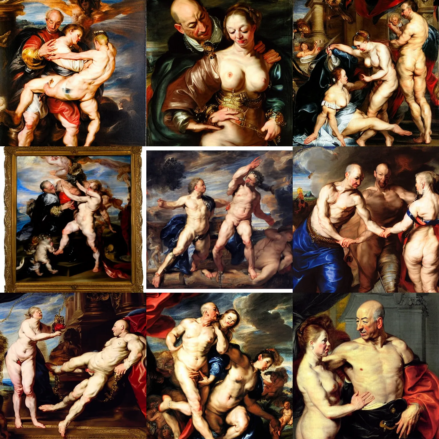 Prompt: Jeff Bezos being controlled by a dominant woman by Peter Paul Rubens, oil on panel, vivid colors