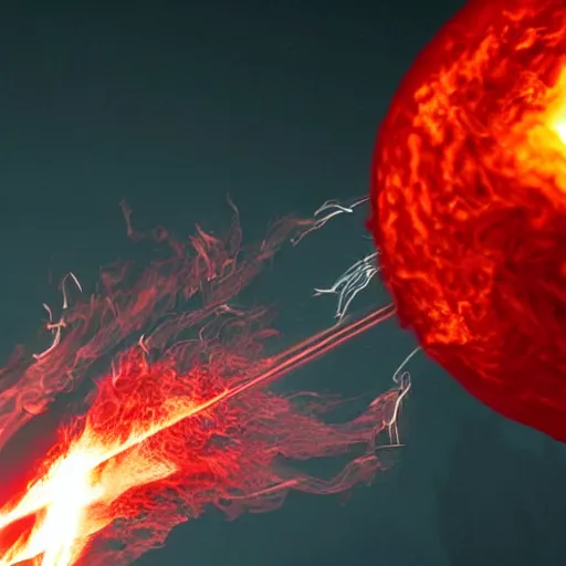 Image similar to red hot burning sphere embedded in fireball explosion with fire, 4 k