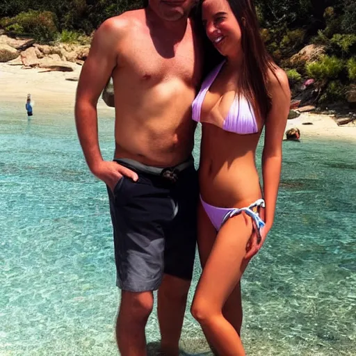 Prompt: photo of a 4 0 year old man that looks young for his age dating a very attractive and completely legal 1 8 year old woman wearing a bikini.