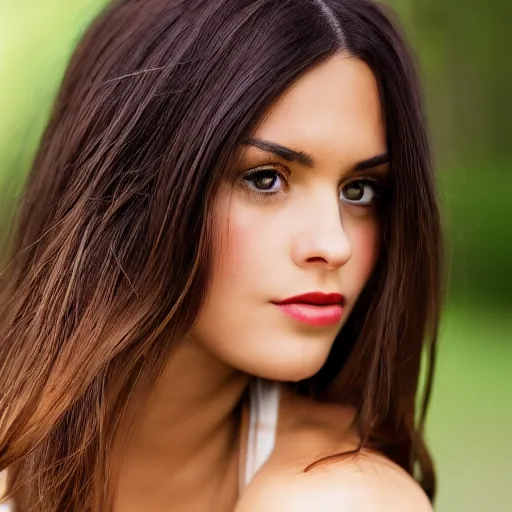 Image similar to portrait photo of a charismatic beautiful brunette female looking into the camera, indoors, f 1. 4, golden ratio, rim light, top light, overcast day