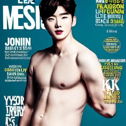 Prompt: Lee Jongsuk on the cover of Mens Health magazine with a big!!! pregnant!!! belly!!