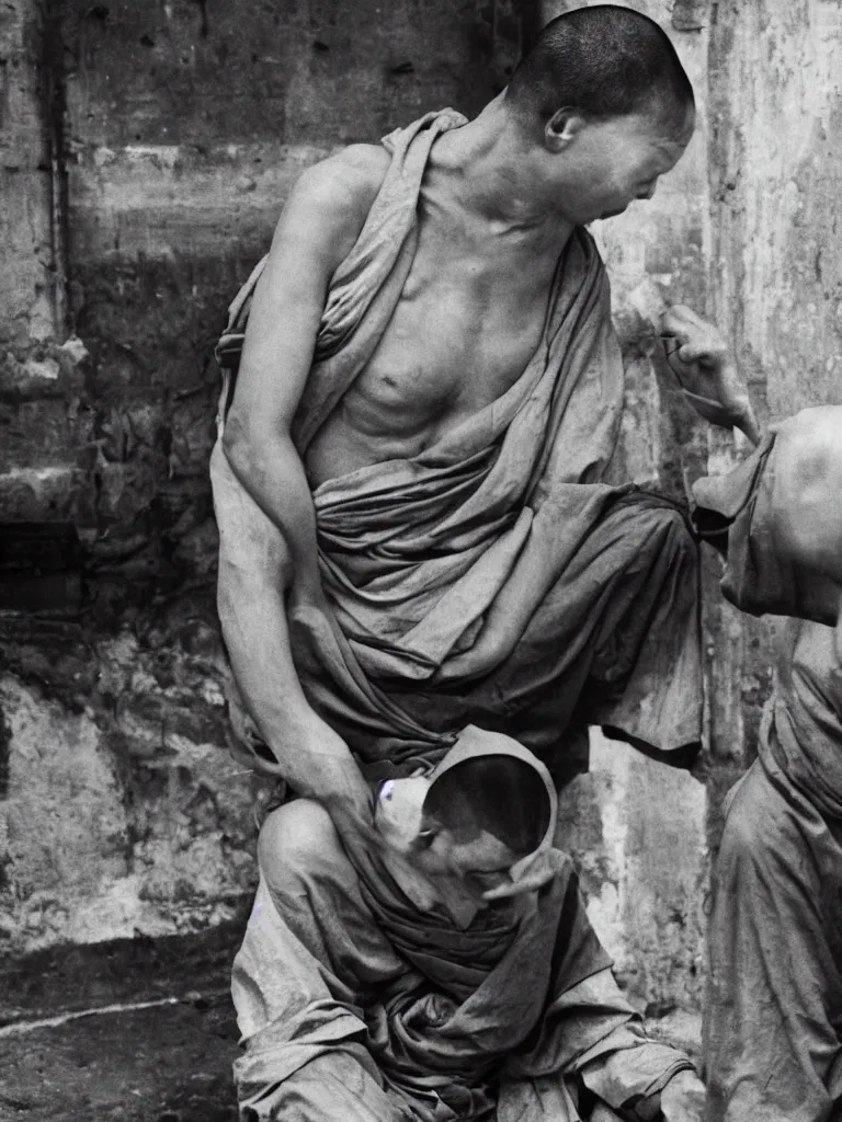 Prompt: A rogue Buddhist monk on mescaline becoming one with the urban grime of 1950s london