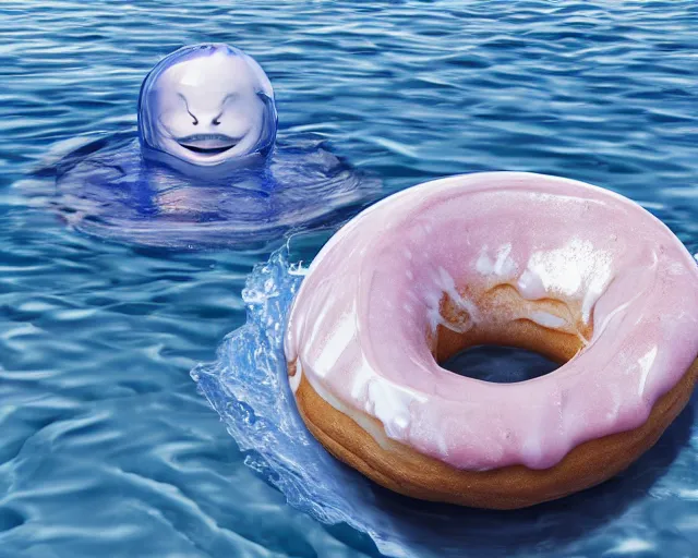 Prompt: a massive porcelain sculpture of a squashed human face and a giant jelly donut on the ocean water, cinematic, hyper - realistic, very detailed, realistic water splashes, ray tracing, 8 k resolution, long - shot, sharp focus, low angle, 8 5 mm photograph, wide lens