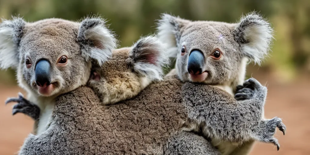 Image similar to A photo of a koala riding a kangaroo, 4K, realistic, golden hour