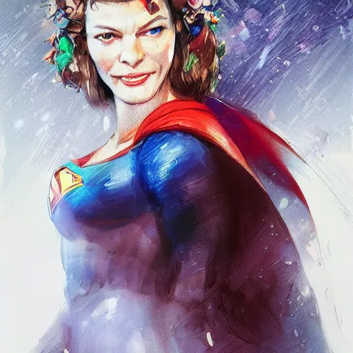 Image similar to superman as an attractive young smiling woman played by milla jovovich wearing a mushroom crown and heavy armoured wedding dress, face portrait, hd shot, digital portrait, elegant, beautiful, fantasy art, artstation, comic style, by artgerm, guy denning, jakub rozalski, magali villeneuve and charlie bowater