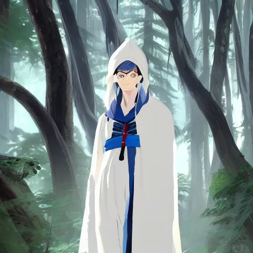 Image similar to concept art painting of an anthropomorphic humanoid white raven wearing dark blue robes, in the deep forest, realistic, detailed, cel shaded, in the style of makoto shinkai and greg rutkowski and james gurney