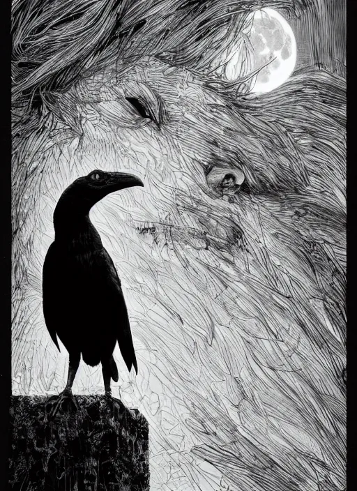 Image similar to portrait, A crow in front of the full big moon, book cover, red white and black colors, establishing shot, extremly high detail, foto realistic, cinematic lighting, pen and ink, intricate line drawings, by Yoshitaka Amano, Ruan Jia, Kentaro Miura, Artgerm, post processed, concept art, artstation, matte painting, style by eddie mendoza, raphael lacoste, alex ross