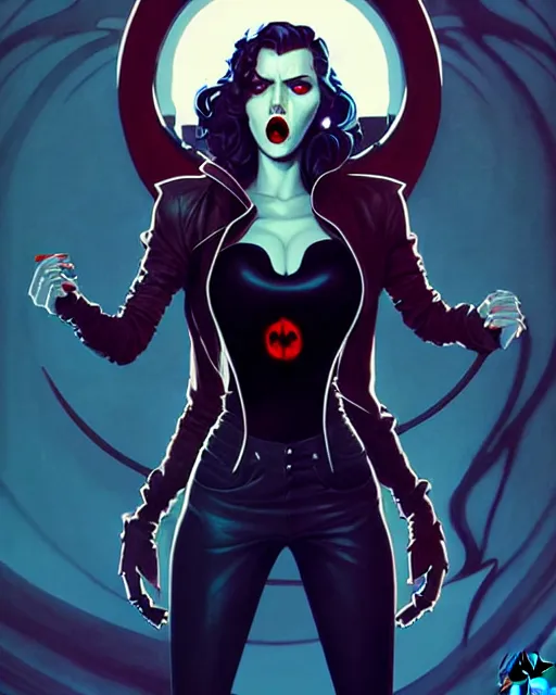 Prompt: rafael albuquerque comic art, art nouveau, peter mohrbacher, artgerm, pretty scarlett johansson vampire sharp vampire teeth open mouth, symmetrical eyes, black leather jacket, jeans, long blonde hair, full body