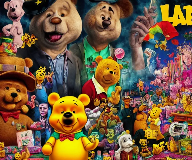 Image similar to hyperrealism fear and loathing in los vegas movie still photography of real detailed high xi jinping with detailed face with high winnie the pooh marijuana dmt lsd ecstacy cocaine hyperrealism photography by araki nobuyoshi, wlop, pixar