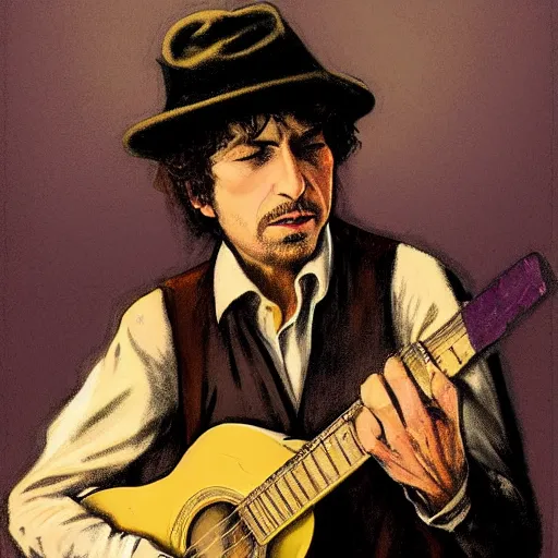 Prompt: character portrait of a rugged bob dylan playing his guitar in the fullham. f. c stadium, gothic, john singer sargent, muted colors, moody colors, illustration, digital illustration, amazing values, art by j. c. leyendecker, joseph christian leyendecker, william - adolphe bouguerea, graphic style, dramatic lighting, gothic lighting