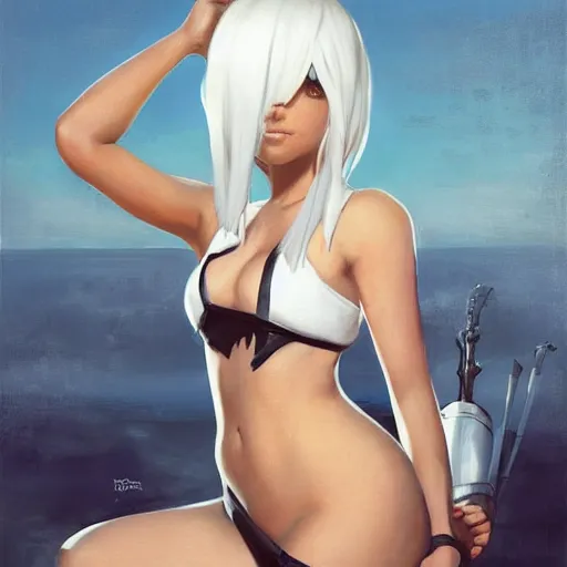 Image similar to greg manchess portrait painting of 2 b nier automata in a bikini, white long hair, organic painting, sunny day, matte painting, bold shapes, hard edges, street art, trending on artstation, by huang guangjian and gil elvgren and sachin teng