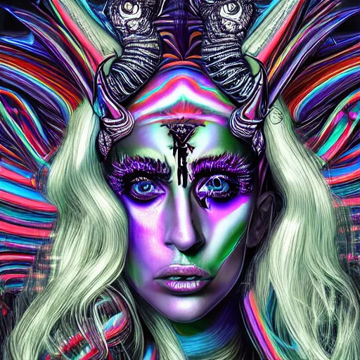 Image similar to an extremely psychedelic portrait of lady gaga as baphomet, surreal, lsd, face, detailed, intricate, elegant, lithe, highly detailed, digital painting, artstation, concept art, smooth, sharp focus, illustration,