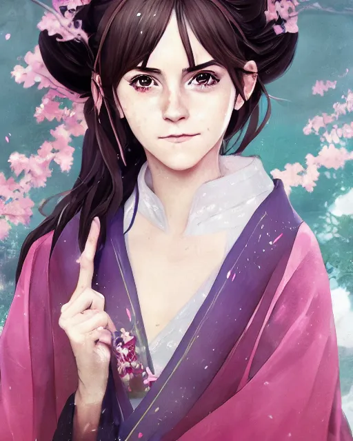 Prompt: An anime portrait of Emma Watson as a beautiful woman wearing a kimono from Skyrim, by Stanley Artgerm Lau, WLOP, Rossdraws, James Jean, Andrei Riabovitchev, Marc Simonetti, and Sakimichan, trending on artstation