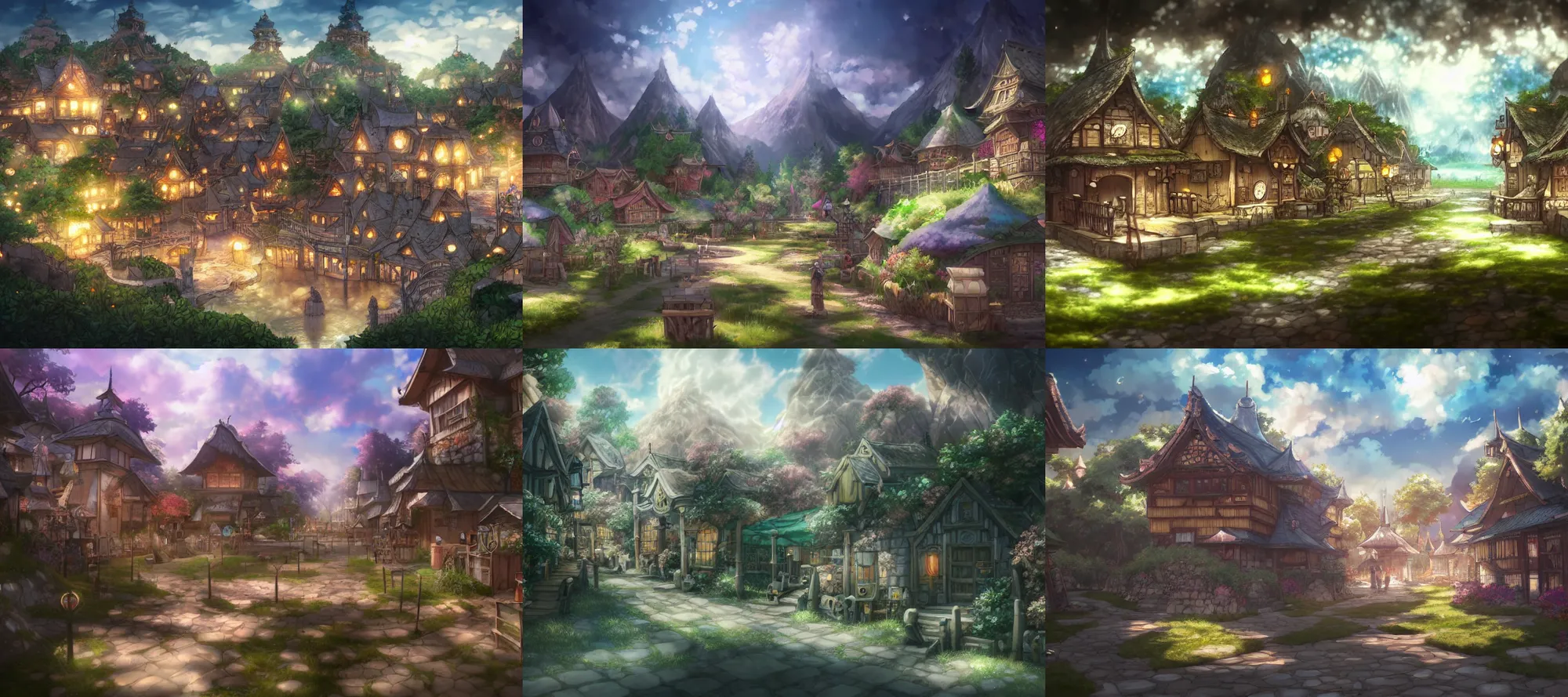 Prompt: fantasy village, artstation, trending, deviantart, digital art, mesmerizing, beautiful,, smooth, concept art, beautiful, highly detailed, anime, by wit studio, mappa, ufotable, kyoto animation, shaft studio, comix wave films, david production