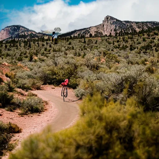 Prompt: a flamingo riding a mountain bike through juniper trees in the mountains, wildflowers are in bloom, 8 k cinematic bright