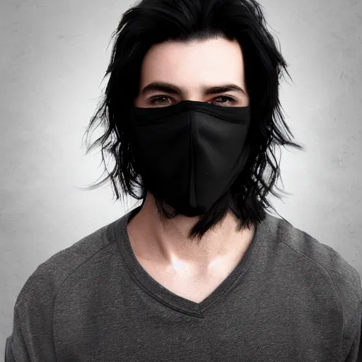 Image similar to professional digital art of a young adult man with slightly long hair wearing a black face mask and an oversized dark sweatshirt and dark sweatpants, high quality, HD, 8K, highly detailed, award-winning, sci-fi, fantasy, movie