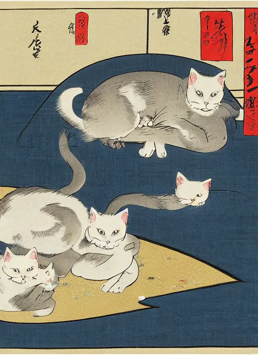 Image similar to whitecat with 2 baby white cats of utagawa hiroshige, digital painting 4 k uhd image, highly detailed