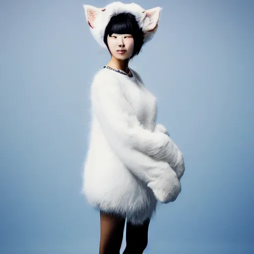 Prompt: full body aesthetic photograph of a beautiful young Japanese woman wearing fuzzy white cat ears, by Nick Knight, headshot, realistic, photorealistic, HD, 4k resolution