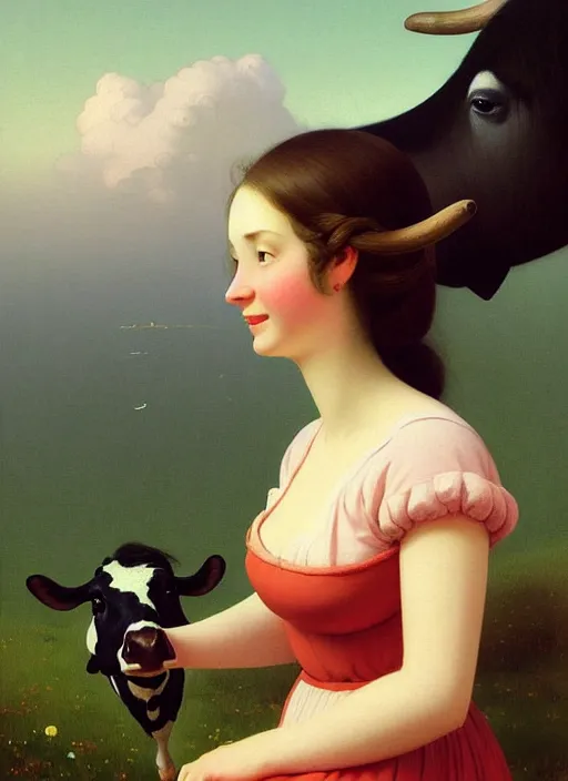 Image similar to hyper detailed 3 d render like a oil painting - cute portrait of a brunette called emma, italian looks, long brunette hair, with a smiling cow looking over her shoulder by ryden, kawase hasui, dorothea tanning, edward hopper and james gilleard, aivazovsky, beksinski, outram, artstation