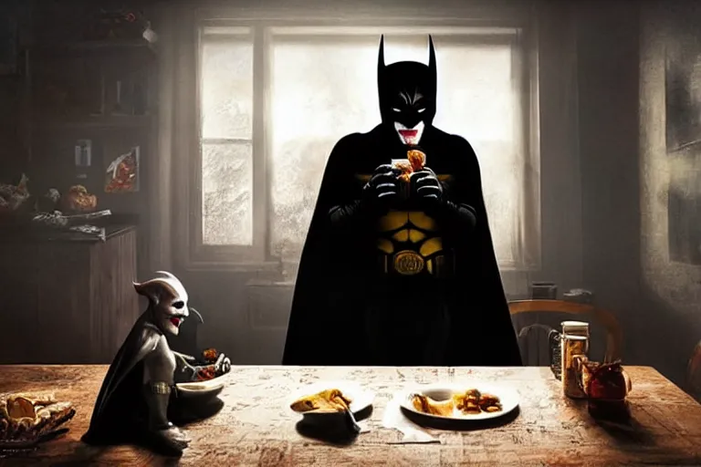 Image similar to morning light, highly detailed portrait of Batman eating breakfast, the head of the joker is placed on the table, atmospheric lighting, masterpiece, award winning painting by Emmanuel Lubezki