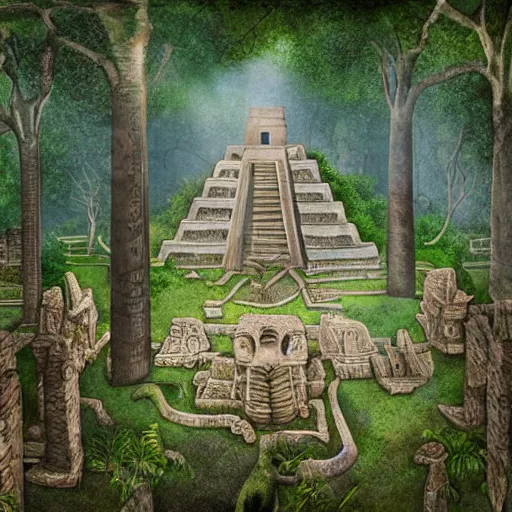 Prompt: mayan ruins in the middle of an overgrown jungle, in the style of remedios varo, photorealistic