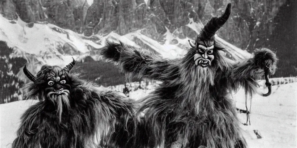 Prompt: krampus with big beak dancing in dolomites, hay fur, austrian folklore, 1920s photography, grainy, eerie, dark